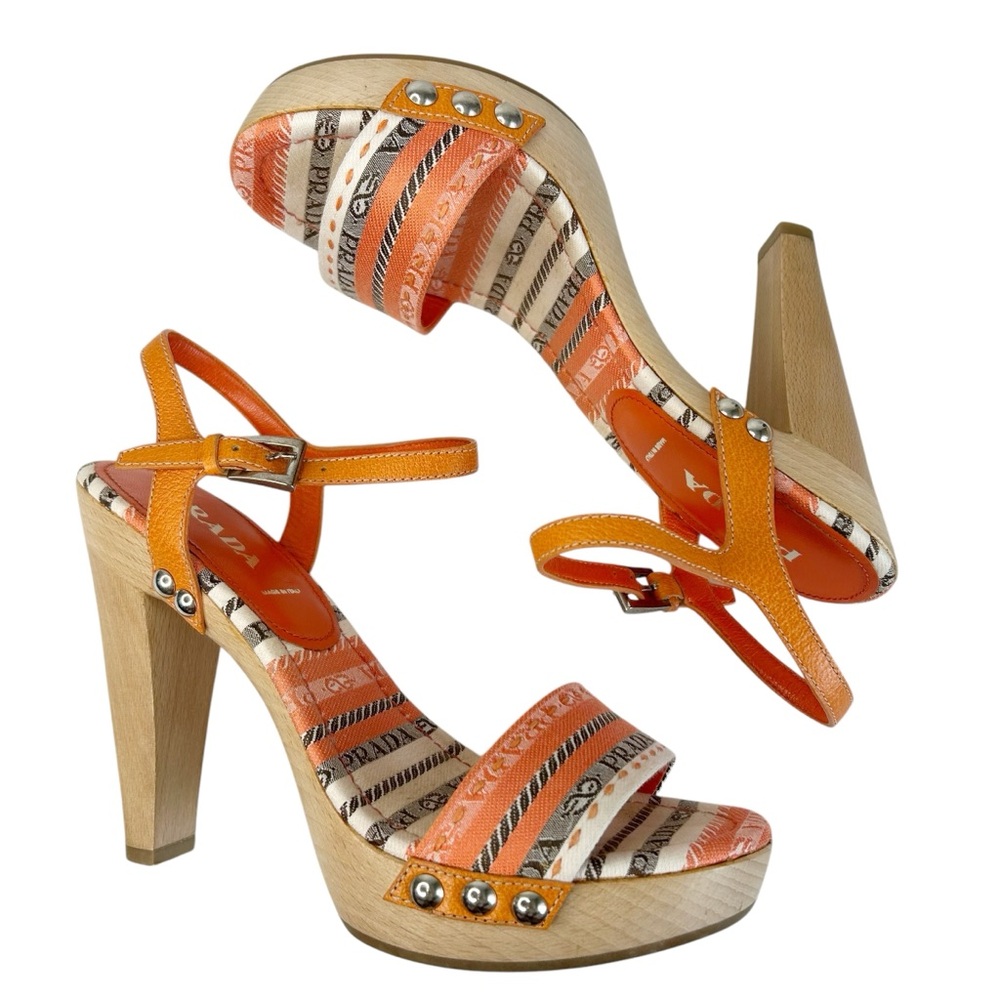 PRADA Striped Logo Wood Platform Heeled Sandals - Picture 5 of 9